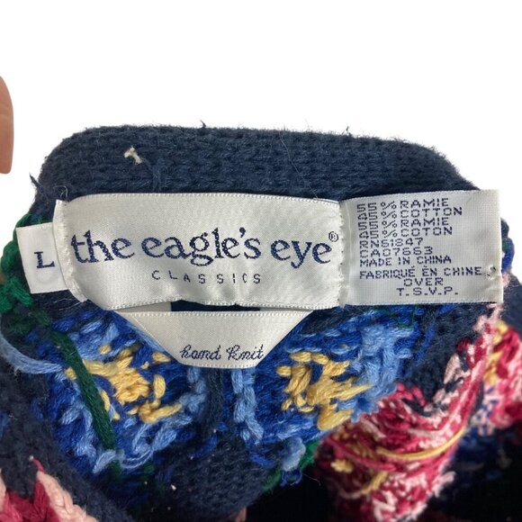Vintage The Eagles Eye Hand Knit Floral Cardigan Sweater Large Black Pink Bold - Picture 6 of 8